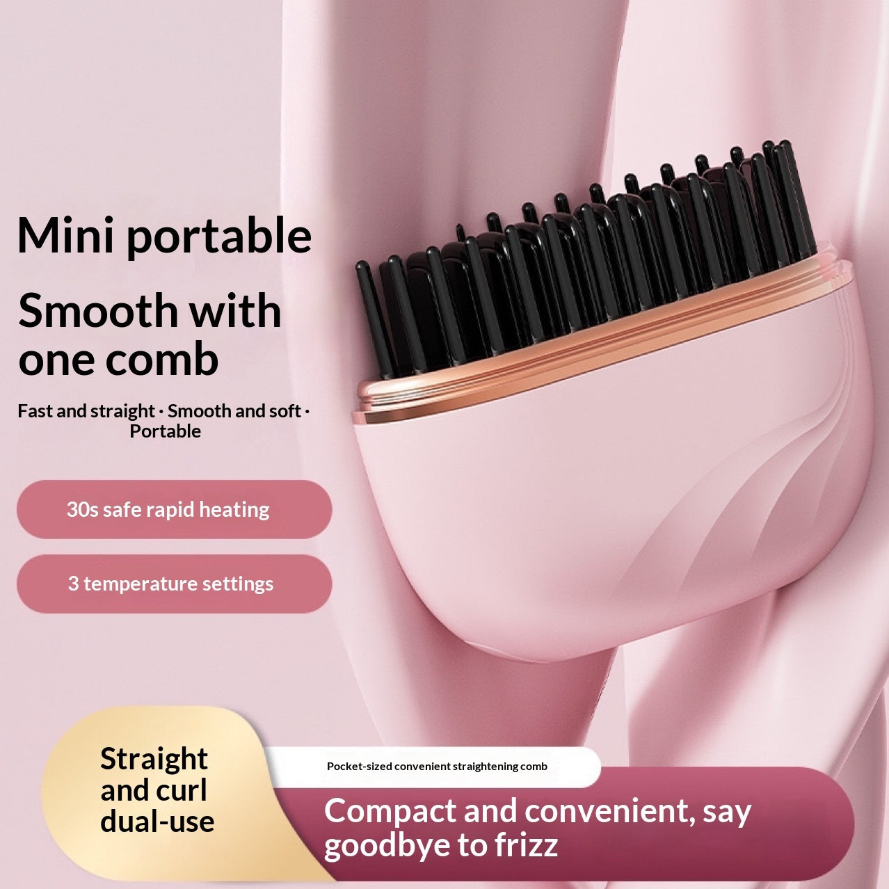 Pink mini hair straightener comb, cordless and rechargeable