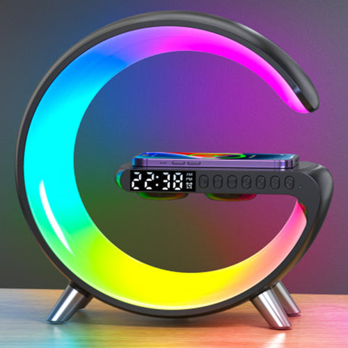 G-shape LED lamp with Bluetooth speaker and wireless charger, front view