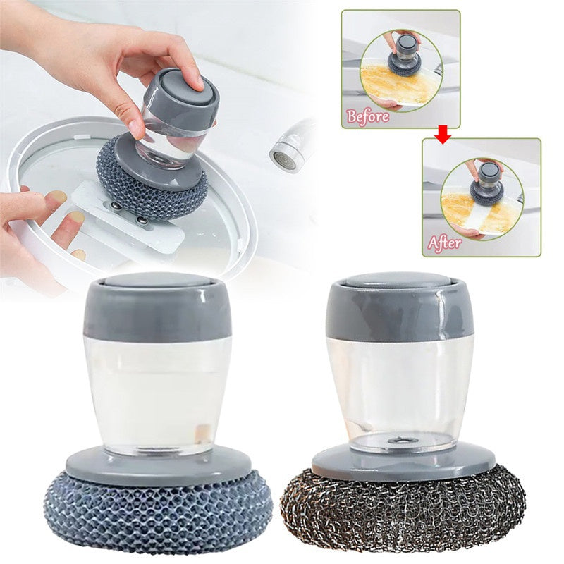 Kitchen soap dispensing palm brush, front view